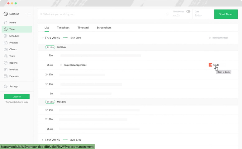 everhour coda time tracking time page