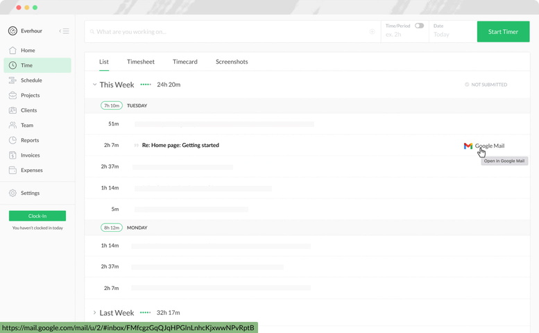 everhour gmail time tracking time page