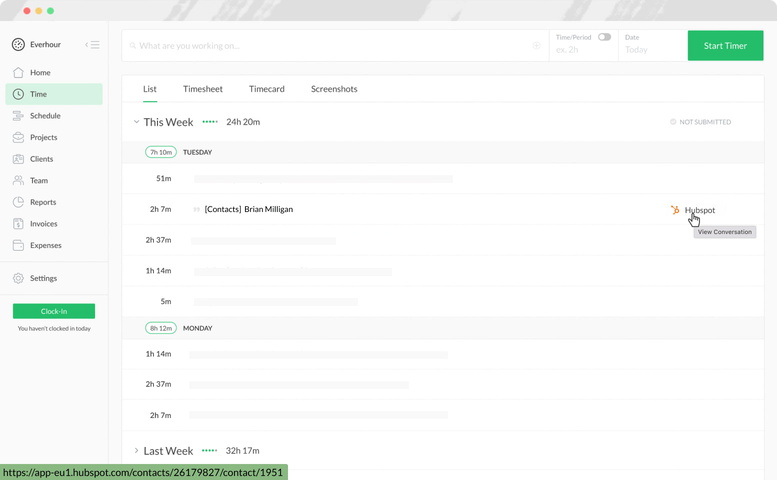 everhour hubspot time tracking time page