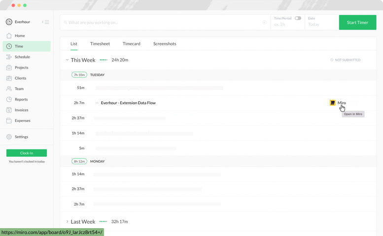 everhour miro time tracking time page