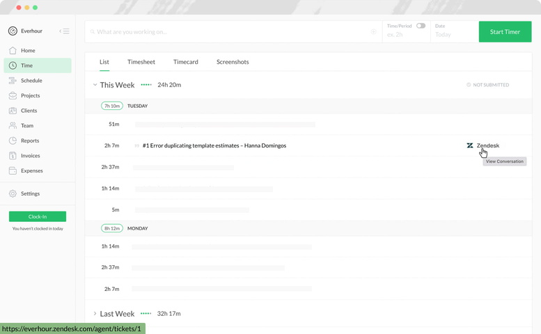 everhour zendesk time tracking time page