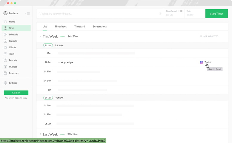 everhour zenkit time tracking time page