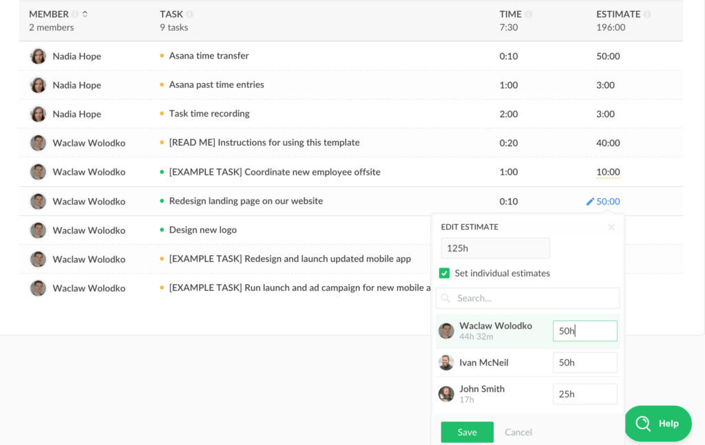 reports: edit estimates, icon and color