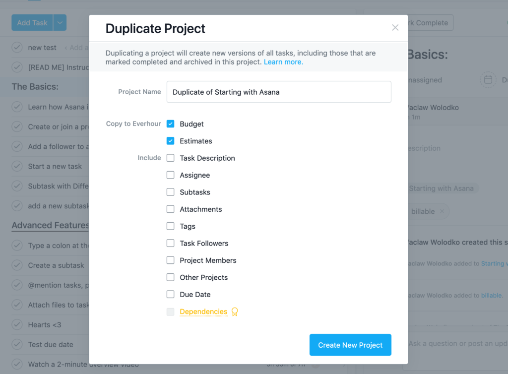 copy task estimates and budget in asana projects