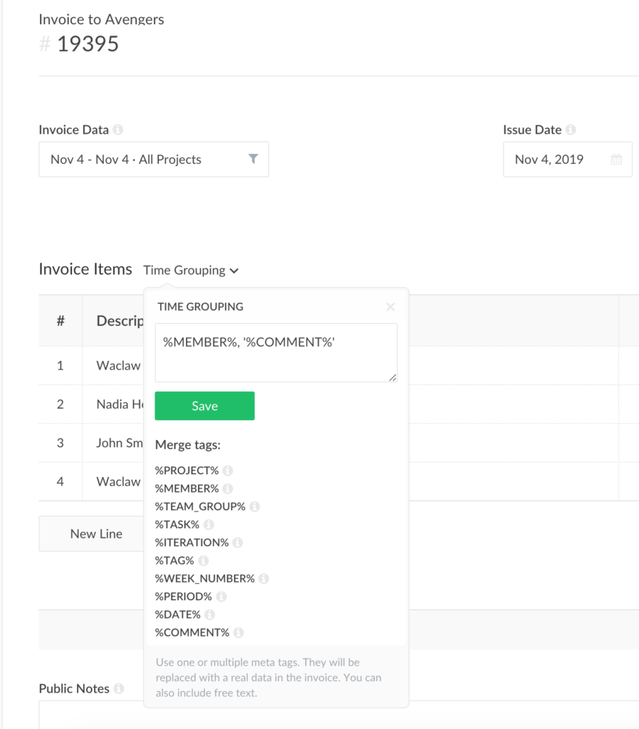 use comments as line items on invoices