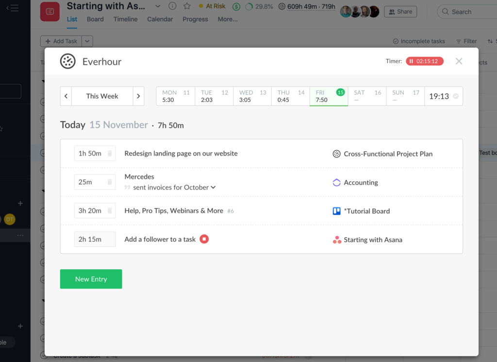 access your timesheet inside asana and trello