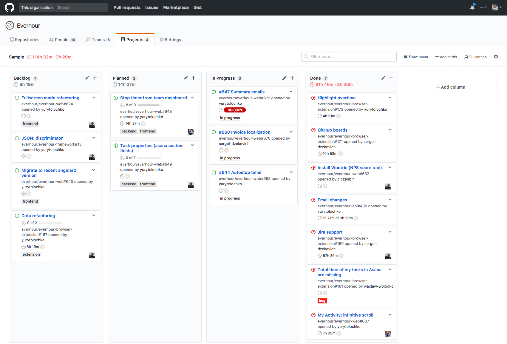 tracking time with everhour in github project boards