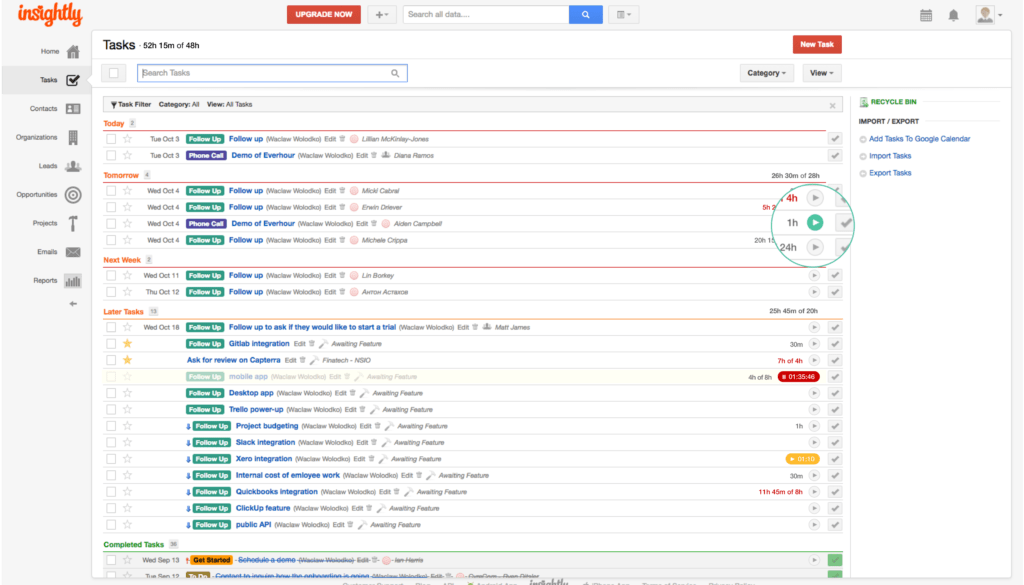 insightly integration with everhour: time tracking, estimates, reporting