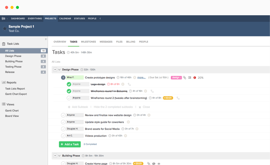 Teamwork time tracking for subtasks