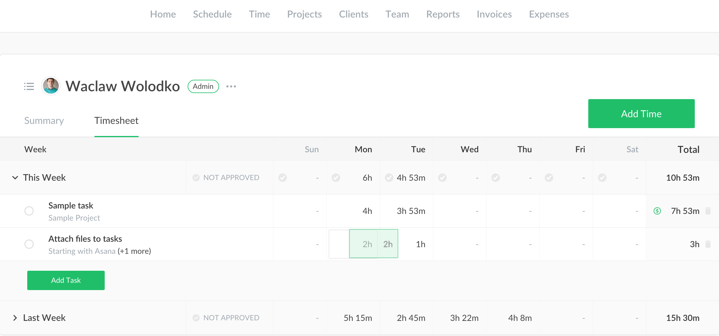 move time in timesheet via drag and drop