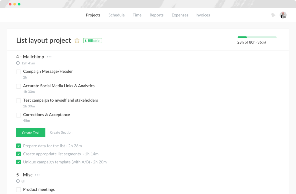 Projects list-view in Everhour screenshot