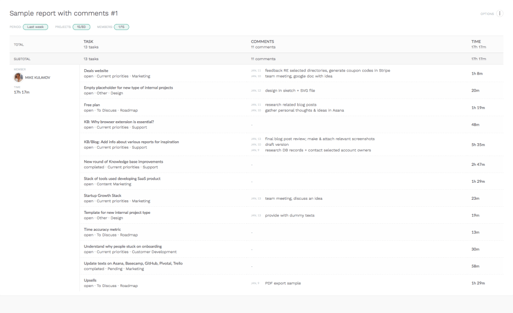 comments column in reports