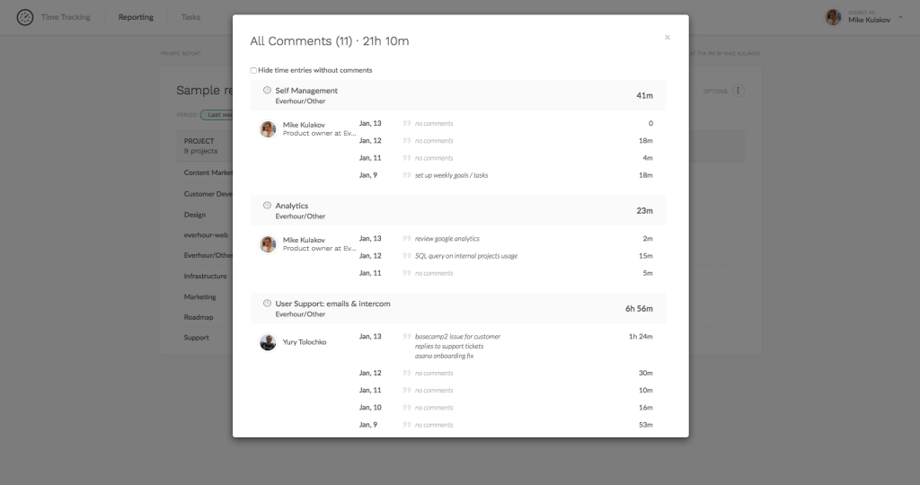 comments column in reports