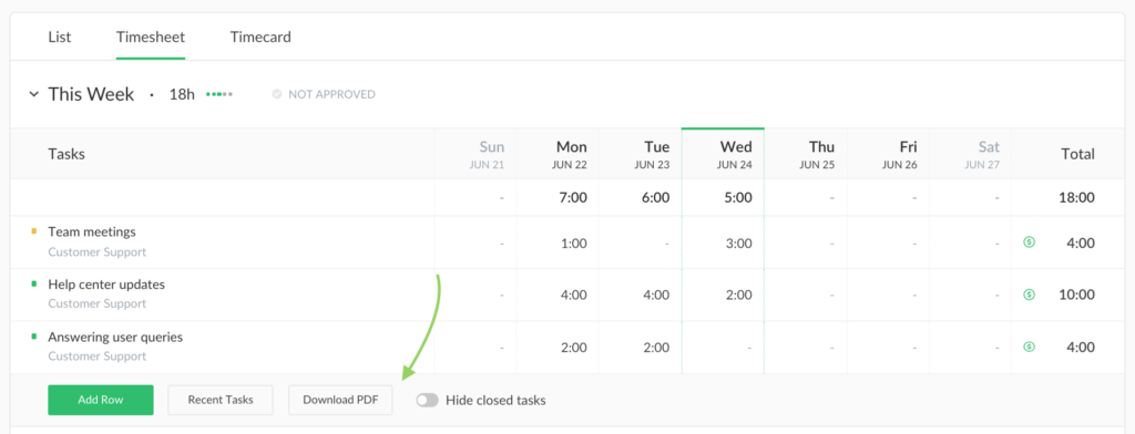 pdf timesheets, favorite tasks and drag & drop