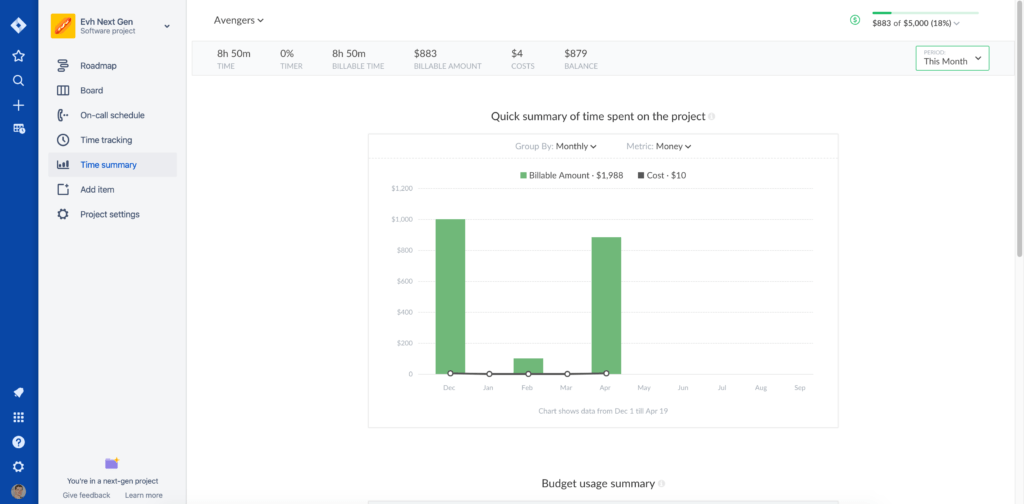 jira app gets time tracking page and time summary